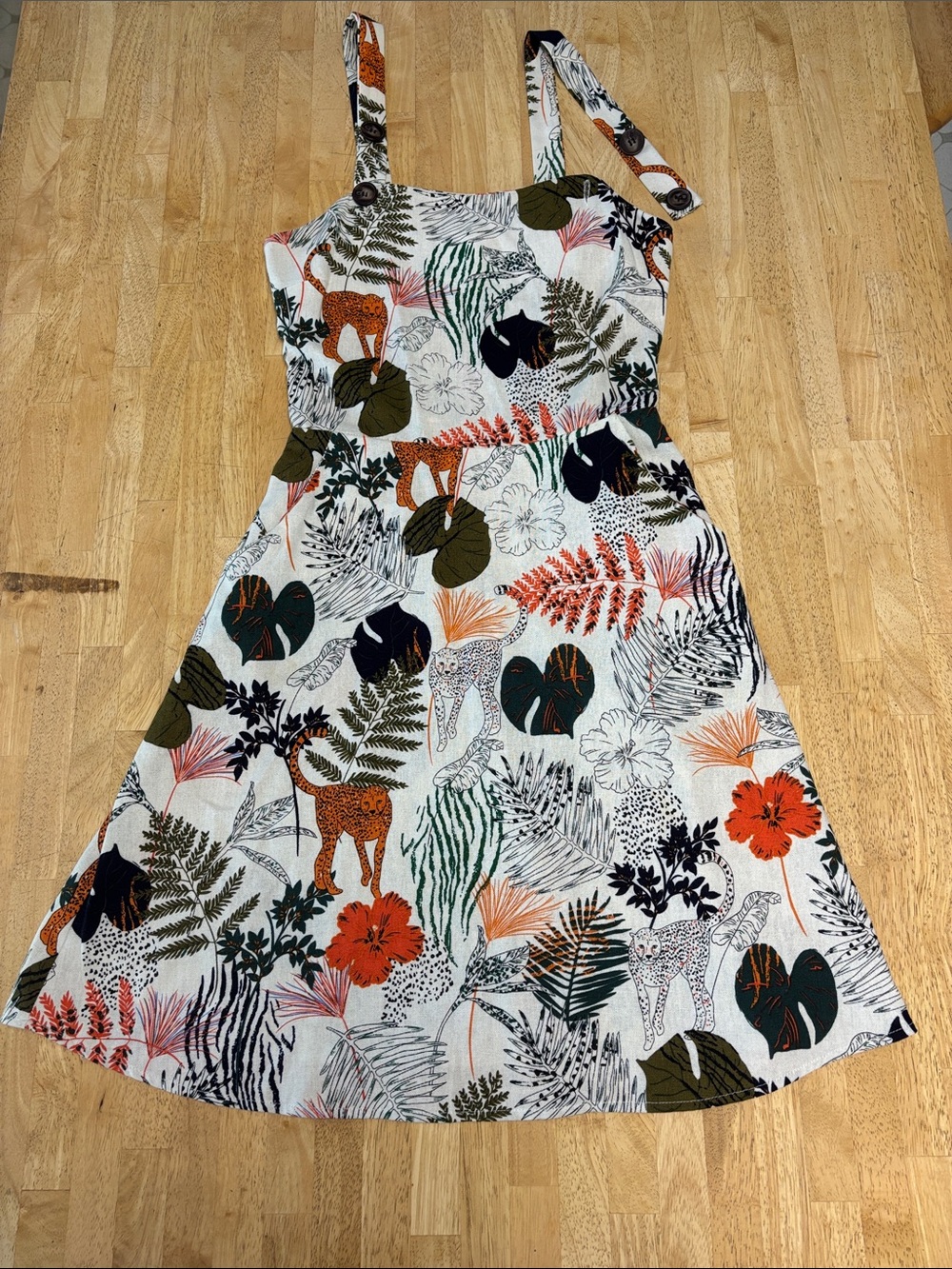 Monteau White Tropical Jungle Print Mini Dress with Orange & Green Accents